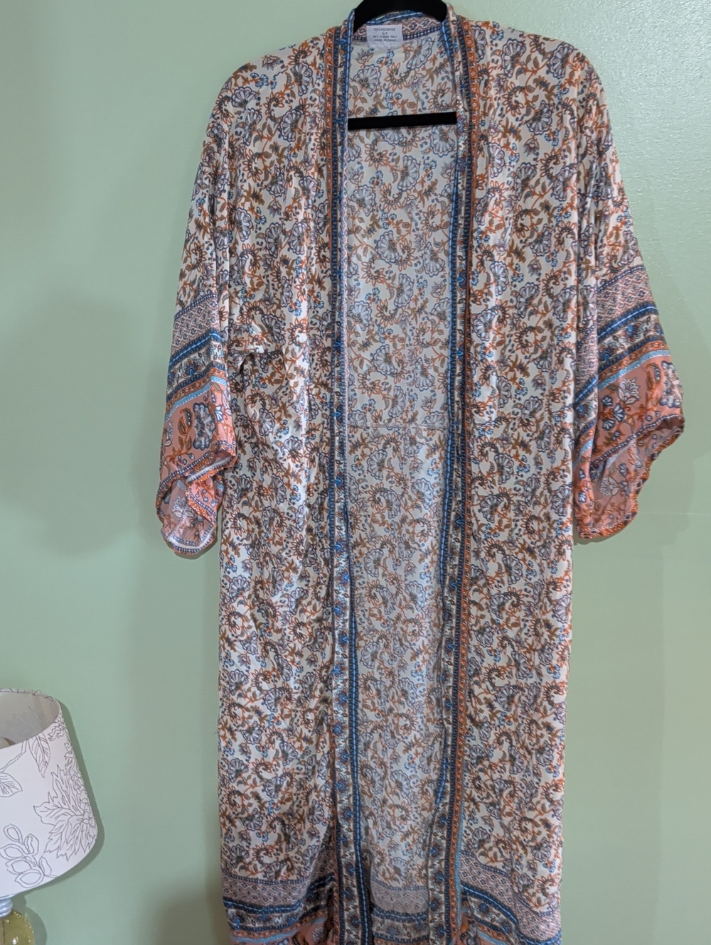 Lightweight Floral Print Kimono Robe in Peach and Blue